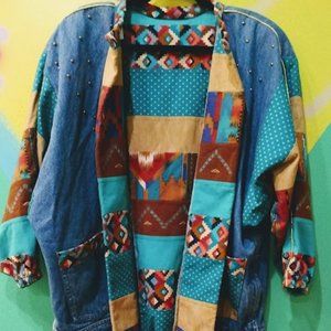 Fabulous Aztec Patchwork Blazer 3/4 sleeves with shoulder pads Eddie Bauer